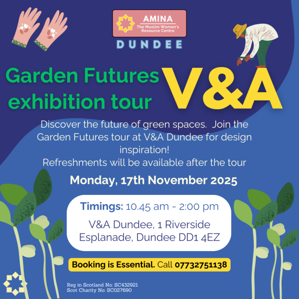 poster with illustrations of plants and a gardener saying 'Garden Futures exhibition tour V&A', Monday 17th November 2025 10.45am to 2pm booking essential phone 07732751138